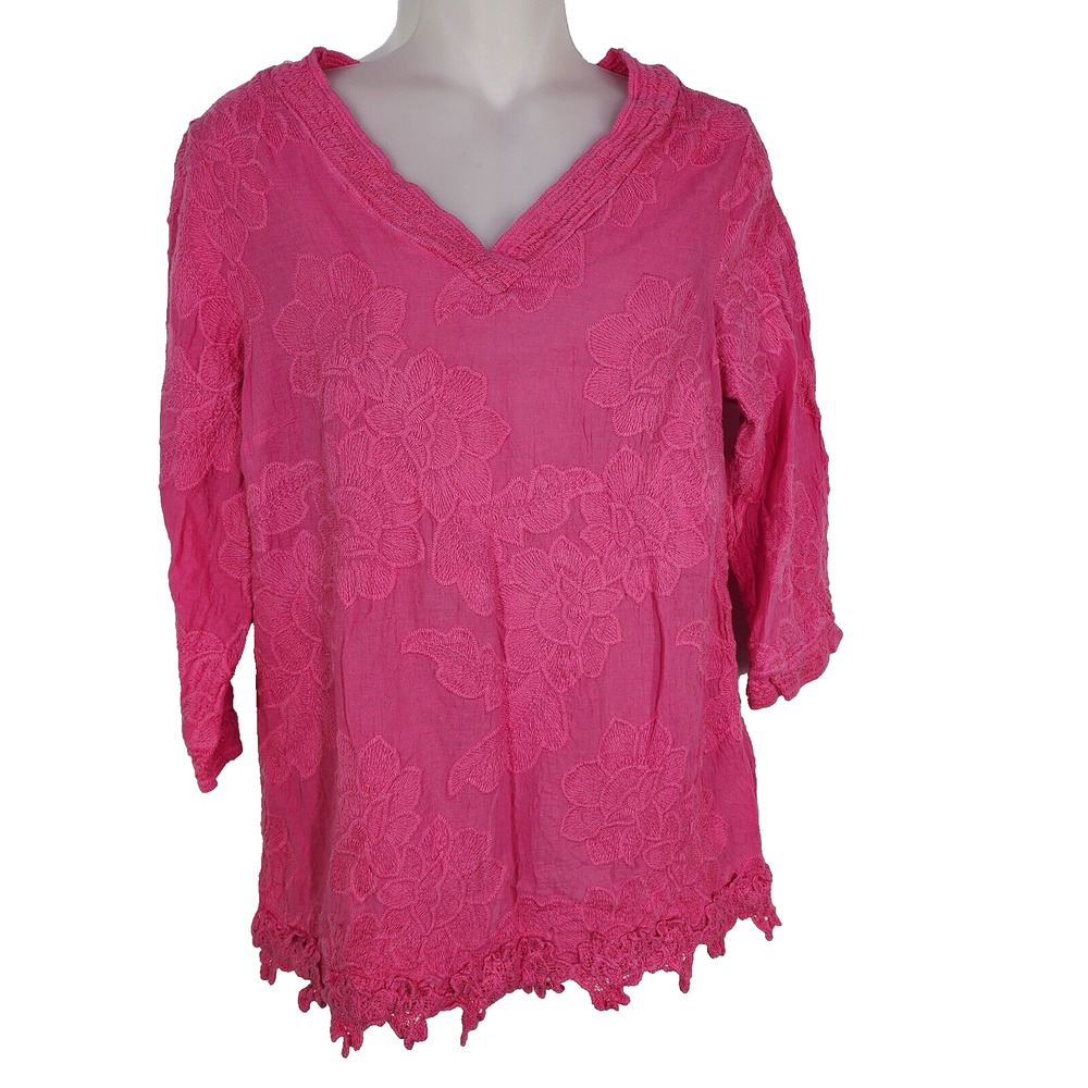 Chico's Women Tunic Top Size Small Pink Floral Story 3/4-Sleeve Lacey Hem V Neck